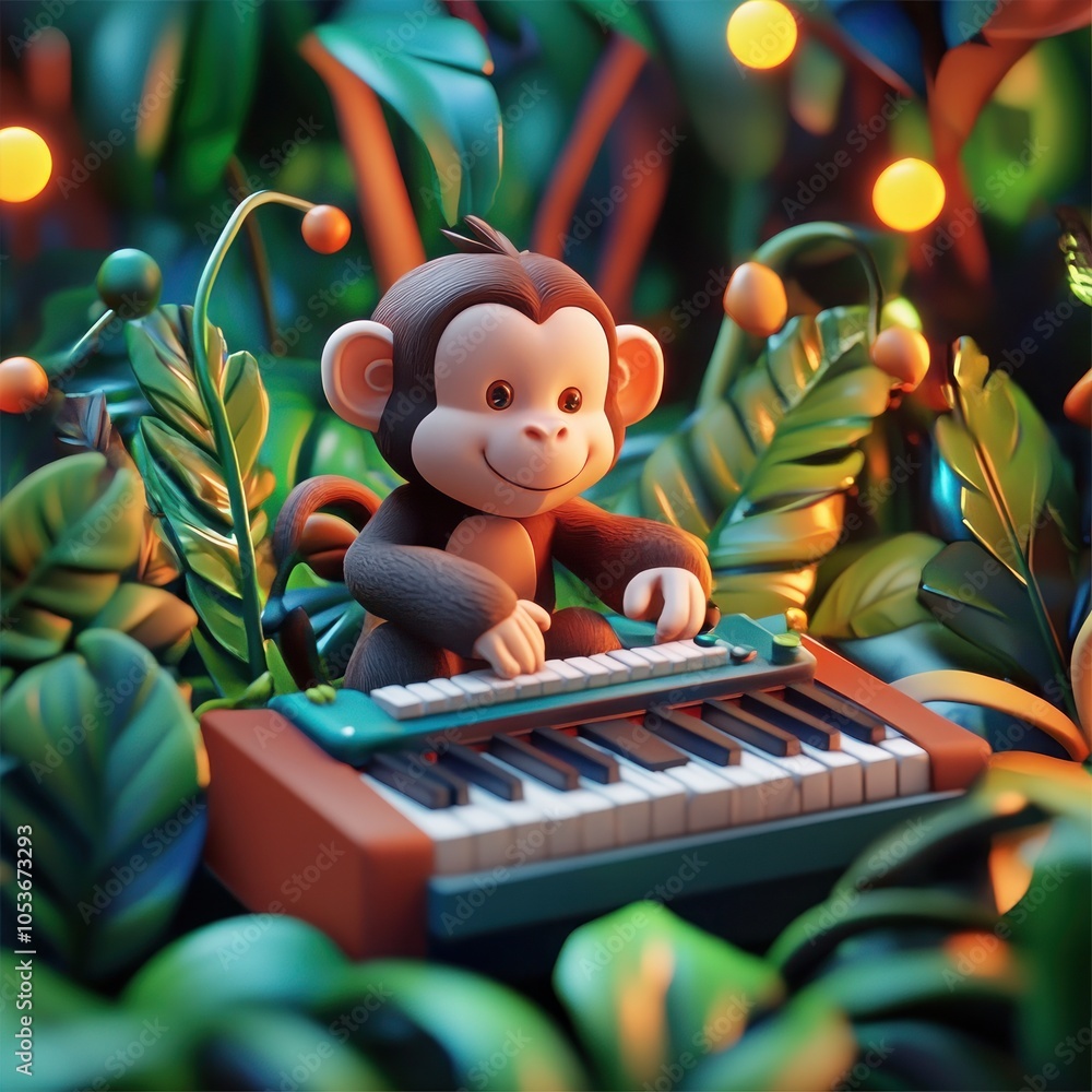 Poster a cartoon monkey plays a keyboard in a jungle setting with glowing lights.