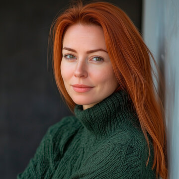 portrait of a beautiful woman 38 years old, straight red hair, dressed in a green sweater