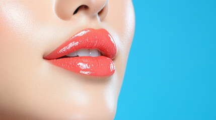 A close up of womans lips showcases glossy coral lip color against vibrant blue background, highlighting beauty and elegance. smooth texture and shine evoke sense of freshness and allure
