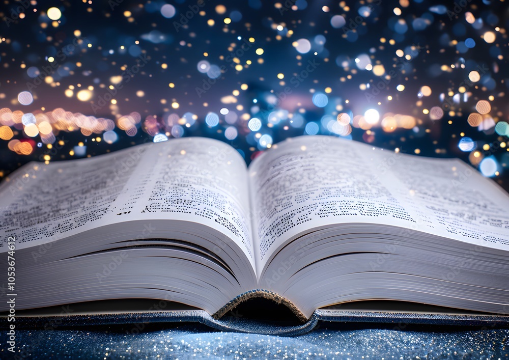 Poster an open book with blurred lights in the background, creating a dreamy atmosphere.