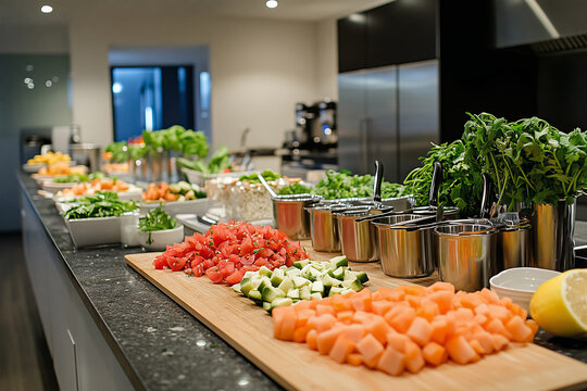 Exciting culinary workshop showcasing vibrant ingredients in modern kitchen