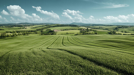Lush green fields stretch across landscape under bright blue sky, creating serene and peaceful atmosphere. rolling hills and distant mountains enhance natural beauty of this idyllic countryside scene