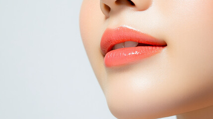 Fototapeta premium A close up of womans lips showcases vibrant coral lip color, highlighting smooth texture and shine. image conveys sense of beauty and elegance