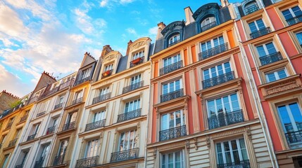 Fototapeta premium Iconic Parisian apartment buildings with classic architecture and facades bathed in soft morning light and pastel color tones creating a charming and atmospheric cityscape scene
