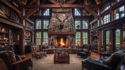 Victorian hunting lodge with rustic wooden beams