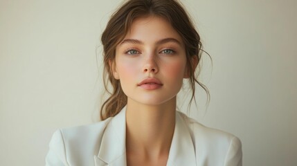 Fototapeta premium Poised and Elegant Fashion Model Posing in a Structured White Blazer with Minimal Makeup Editorial Style Portrait