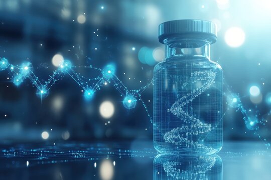 A clear vaccine vial illuminated by bright blue lights with a DNA strand in the background - Powered by Adobe