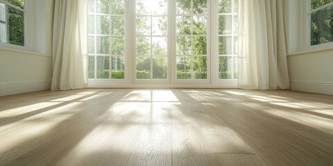 Obraz premium Bright and airy interior space with large windows allowing natural light to flood in, highlighting wooden floor and creating serene atmosphere