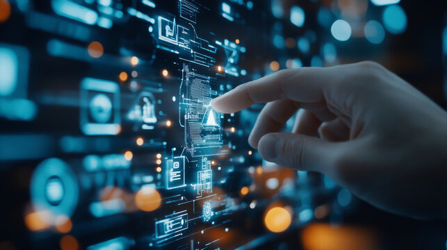 A hand interacts with digital interface displaying various data and technology elements, symbolizing innovation and connectivity in digital age