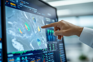 Meteorologist analyzing weather patterns on advanced forecasting technology