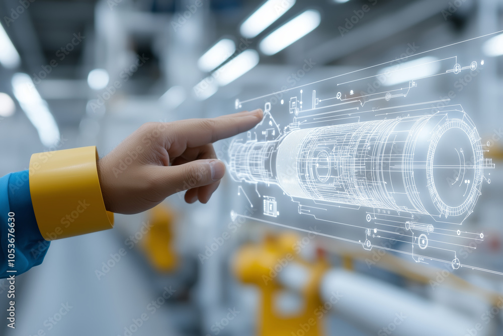 Poster Engineer interacts with a digital blueprint in a modern setting