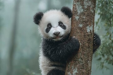 Fototapeta premium A Curious Panda Cub Climbing a Tree in a Misty Forest