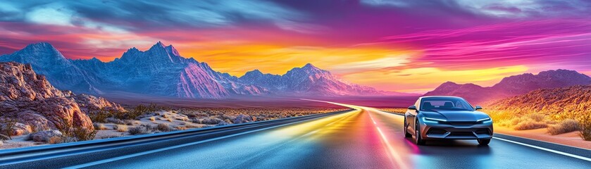 Fototapeta premium Modern car on scenic highway at sunset with vibrant skies and mountains, highlighting travel and adventure in a colorful landscape.