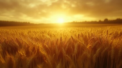 Obraz premium Stunning sunset scenery with a view of lush wheat fields bathed in warm golden light creating a peaceful and tranquil ambiance
