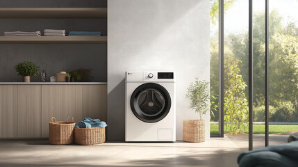 Modern Minimalist Laundry Room &ndash; Clean Design with Natural Light and Cozy Elements. Generative AI.