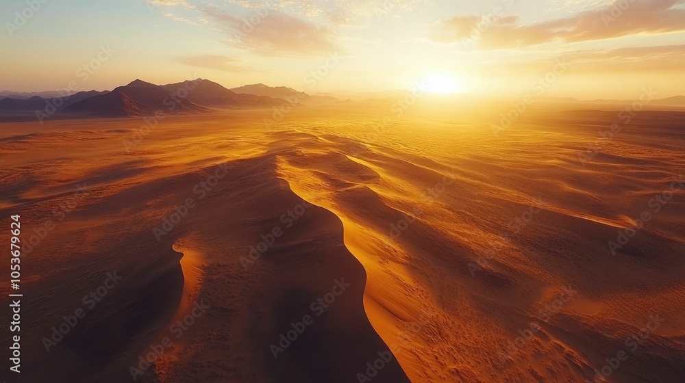 Aufkleber breathtaking aerial view of vast undulating desert dunes bathed in warm golden light at stunning sun