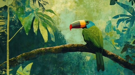 Naklejka premium A vibrant toucan perched on a branch amidst lush green foliage in a tropical setting.