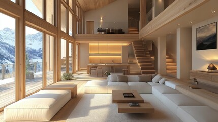 Fototapeta premium Cozy and Spacious Modern Living Room with Panoramic Mountain Views Natural Wood Elements Warm Tones and Abundant Natural Light Create a Serene and Comfortable Retreat