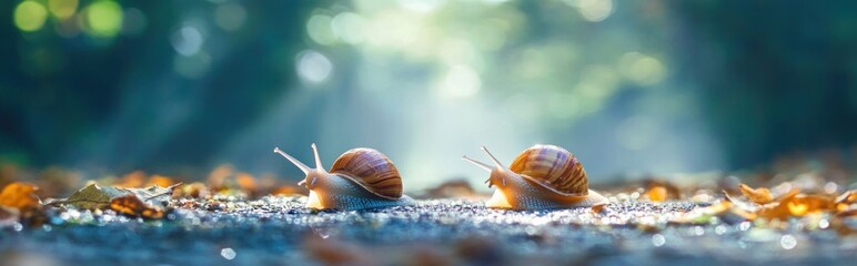Two snails crawling on the ground, surrounded by leaves, with a blurred green background.