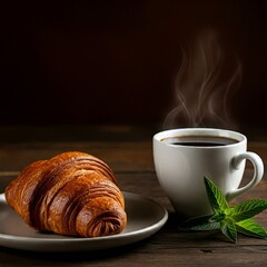 Zolotisto-korichnevyy kruassan i chashka kofe, sozdayut prostuyu, no privlekatel'nuyu stsenu zavtraka. Mesto dlya teksta. Kvadratnoye izobrazheniye. Klyuchevyye slova: kruassan, kofe, zavtrak, yeda, v