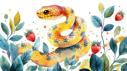 Fototapeta premium Cute snake and strawberry, Chinese New Year