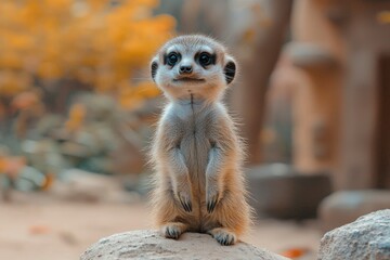 Fototapeta premium A Curious Meerkat Stands Tall, Looking Upward