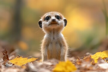 Fototapeta premium Curious Meerkat Pup Gazing Upward in a Golden Autumnal Forest