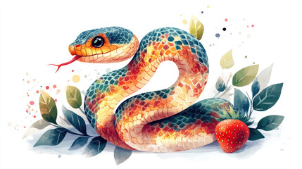 Obraz premium Cute snake and strawberry, Chinese New Year