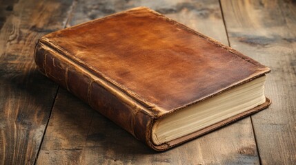 Obraz premium Elegant leather bound journal resting on a wooden desk surrounded by a warm and natural toned environment This image evokes a sense of history scholastic study