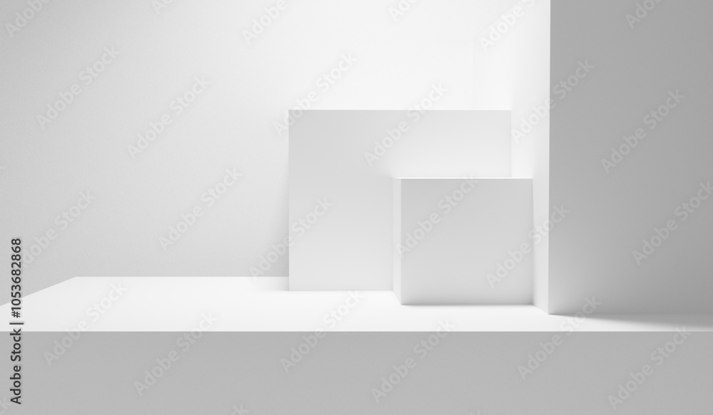 Aufkleber White table. White background. White abstract empty forms. Blank white wall with copy space table - mock up for design and product placement with spotlight illuminated