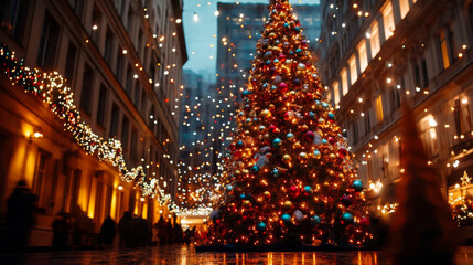 Fototapeta premium A majestic Christmas tree standing tall in a city square, adorned with thousands of sparkling lights and ornaments
