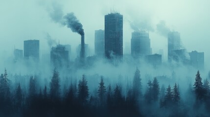 Fototapeta premium A Foggy Cityscape with Tall Buildings and Smoke Plumes