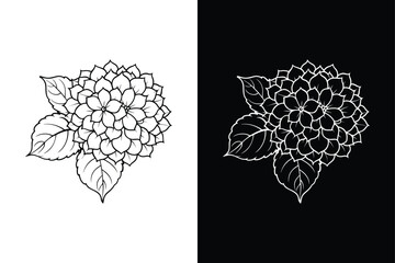 Hydrangea flower outline, Hydrangea flower outline, vector silhouette line art icon on white background.