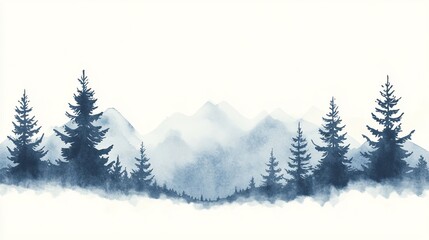 Fototapeta premium A serene watercolor landscape featuring dark evergreen trees silhouetted against soft blue mountains and a misty white background, watercolor style..