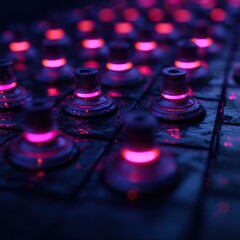 A close-up of illuminated buttons with a purple glow, creating a vivid, modern aesthetic typical of electronic devices or music equipment.