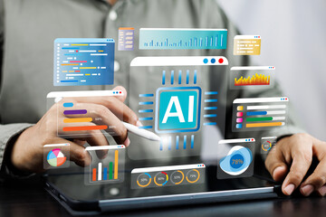 Businessman use artificial intelligence AI technology for enhanced work efficiency data analysis...