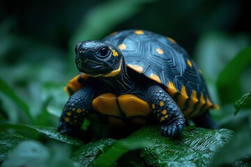 Fototapeta premium Yellow-spotted black turtle on green leaves in a rainforest
