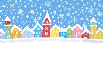 Colorful Houses with Snow-Covered Roofs and Falling Snowflakes