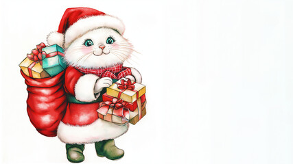 Obraz premium Niedliche Cartoon-Katze in rotem Nikolauskostüm und Weihnachtsmütze, kindlich illustriert mit großen Augen und fröhlichem Lächeln. Perfekt für festliche Grußkarten auf weißem Hintergrund