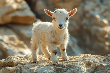 Obraz premium A Young White Goat Standing on a Rocky Outcrop