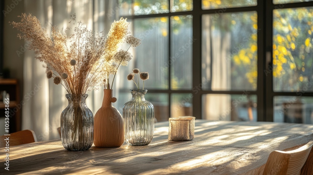 Poster cozy and inviting wooden dining table setting with natural textures warm lighting and a soothing atm