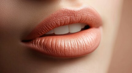 Fototapeta premium Alluring close up portrait of a woman s soft focus lips in warm luxurious tones Capturing the essence of feminine beauty sensuality and cosmetics