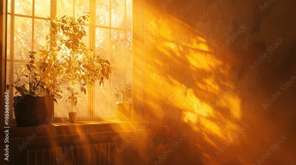 Poster warm glowing rays of golden sunlight streaming through a cozy window creating a soft tranquil atmosp