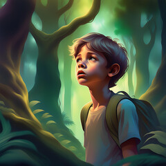 Boy lost in a jungle, colors faded