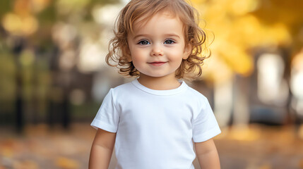 Adorable 1-Year-Old Girl in White T-Shirt Smiling Outdoors in Autumn