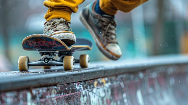 Closeup of a skateboarders feet and board as they navigate a series of mini ramps and rails.