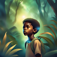 Boy lost in a jungle, colors faded