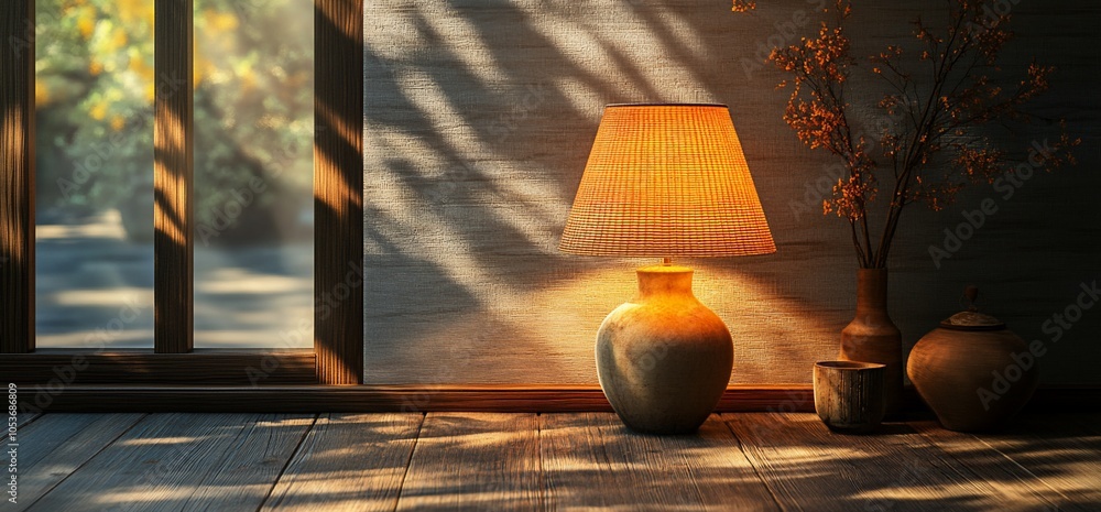 Poster a table lamp with a ceramic base sits on a wooden table with a vase and other decor items in front o