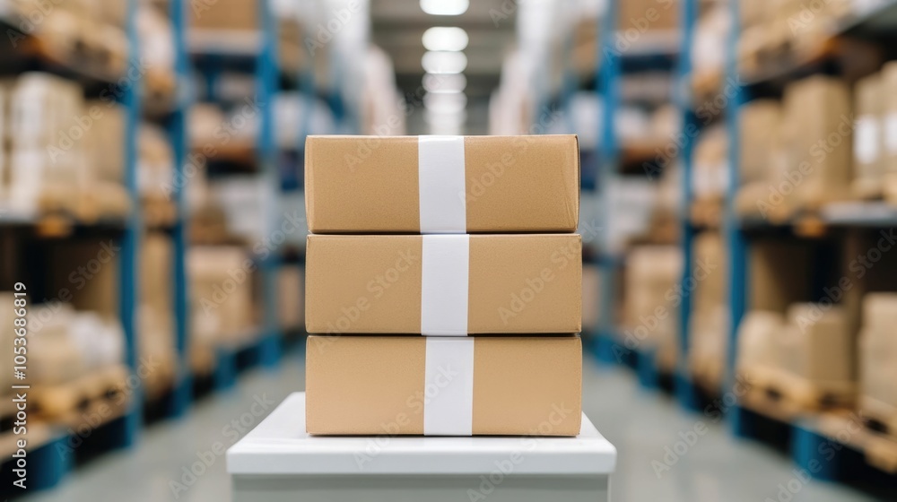 Poster rows of neatly stacked pharmaceutical product boxes and cartons ready for shipment in a blurred ware