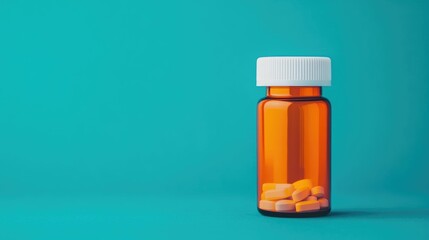 Close up shot of an orange colored prescription medication bottle with a white cap against a blurred minimal background  The bottle is in focus
